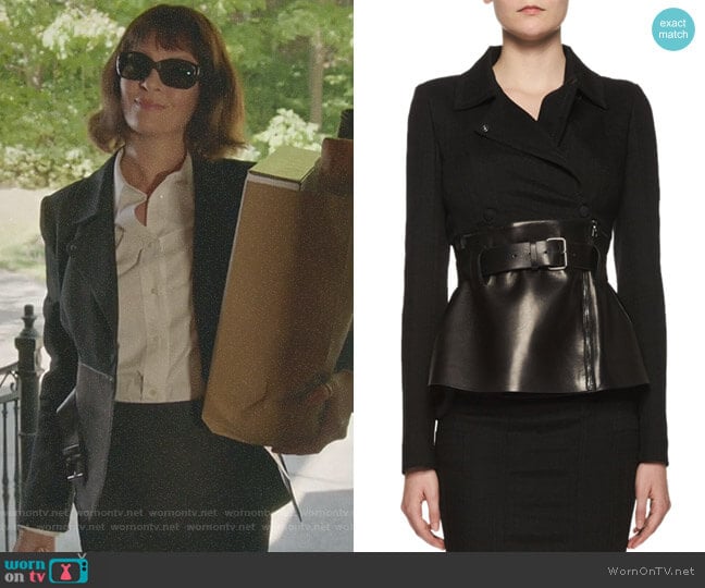 Belted Leather Peplum Wrap Jacket by Tom Ford worn by Lenny Cohen (Uma Thurman) on Imposters