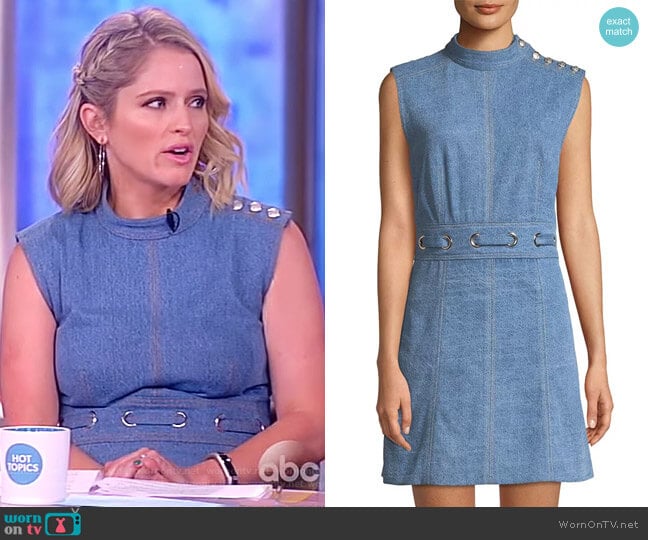 Nico Mock-Neck Grommet-Waist Chambray Dress by Veronica Beard worn by Sara Haines on The View