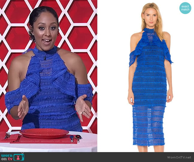 Cold Shoulder Lace Dress by Vone worn by Tamera Mowry on The Real