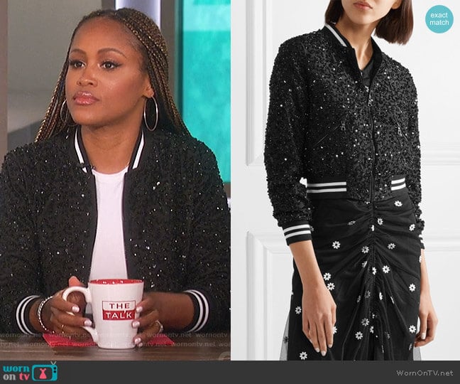 Lonnie embellished silk-chiffon bomber jacket by Alice + Olivia worn by Eve on The Talk