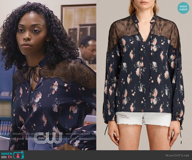 WornOnTV: Anissa’s navy floral lace inset top on black lightning ...