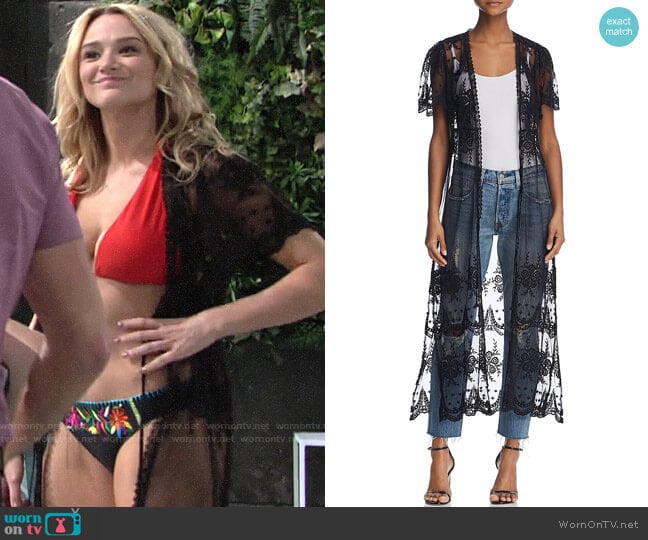 Aqua Embroidered Mesh Tie-Front Duster Cardigan worn by Summer Newman (Hunter King) on The Young and the Restless