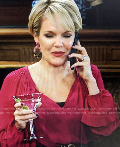 Ava’s pink ruffled tie-neck blouse on General Hospital
