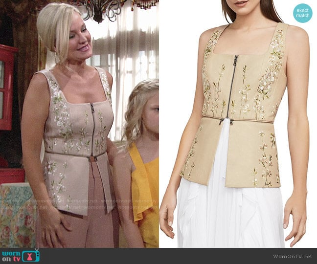 Bcbgmaxazria Embroidered Faux Leather Peplum Top worn by Sharon Newman (Sharon Case) on The Young and the Restless