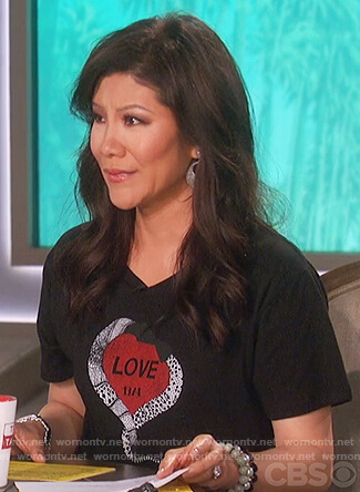Julie’s black Love print t-shirt and green pants on The Talk