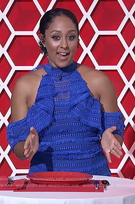 Tamera's blue cold shoulder frill dress on The Real