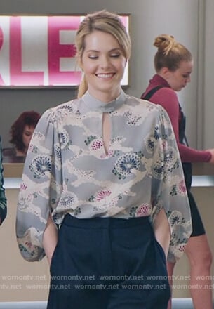 Sutton's blue print keyhole blouse on The Bold Type