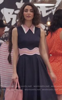 Delia's navy sleeveless dress with piping details on Girlfriends Guide to Divorce