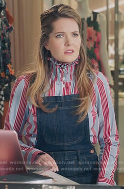 Sutton's striped ruffle neck top and denim overalls on The Bold Type