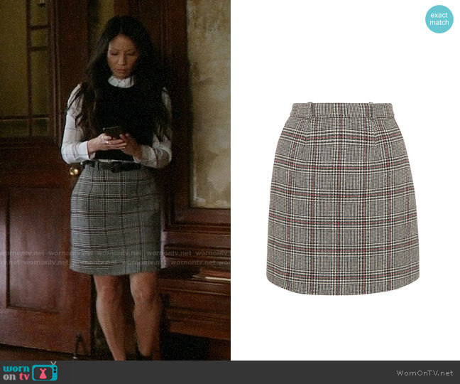 Carven Checked Wool Blend Mini Skirt worn by Joan Watson (Lucy Liu) on Elementary