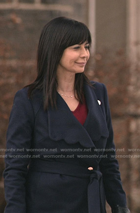 Cassie’s navy scalloped wrap coat on Good Witch