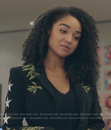 Kat’s black embroidered blazer on The Bold Type