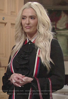 Farrah’s black ruffled blouse with striped tie neck on The Young and the Restless