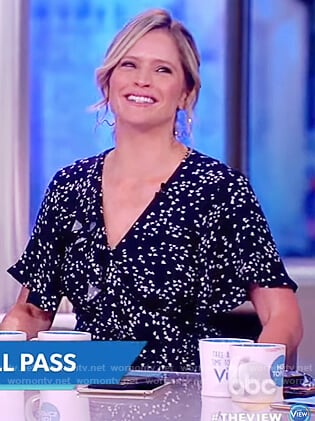 Sara’s blue print ruffle wrap dress on The View