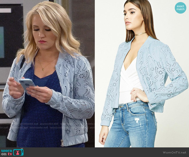 Forever 21 Laser Cutout Faux Suede Bomber Jacket worn by Gabi Diamond (Emily Osment) on Young & Hungry