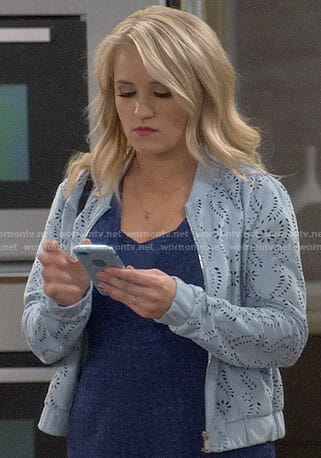 Gabi’s blue laser cutout bomber jacket on Young and Hungry