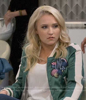 Gabi’s green bomber jacket with patch on Young and Hungry