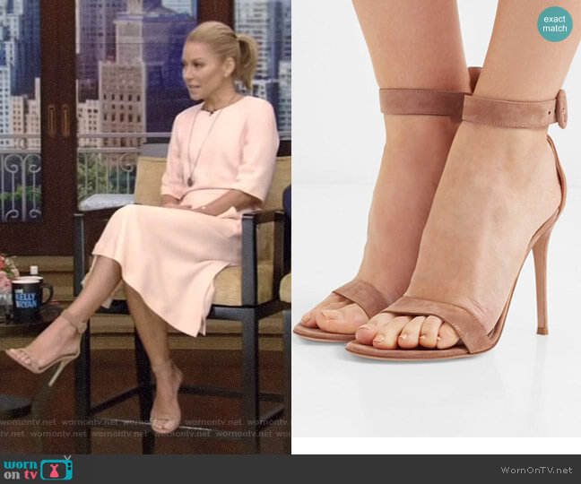 Portofino Suede Sandals by Gianvito Rossi worn by Kelly Ripa  on Live with Kelly & Ryan