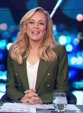 Carrie’s green button embellished blazer on The Project