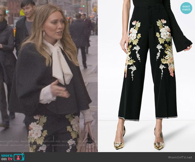 Floral Embroidered Flared Trousers by Gucci worn by Kelsey Peters (Hilary Duff) on Younger