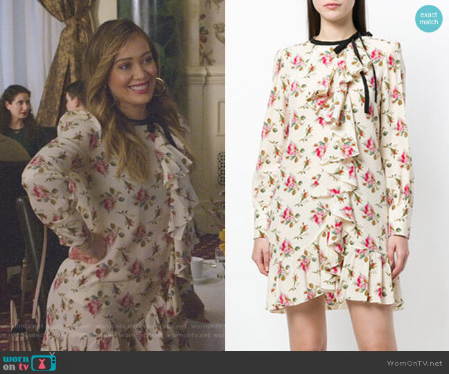 Floral Print Frill Trim Dress by Gucci worn by Kelsey Peters (Hilary Duff) on Younger