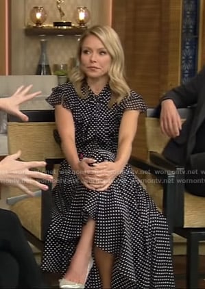 Kelly’s black polka dot ruffle midi dress on Live with Kelly and Ryan