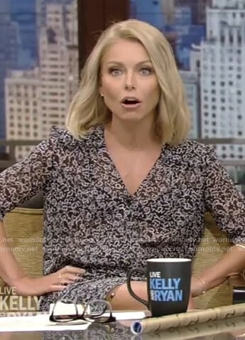 Kelly’s black printed ruffled mini dress on Live with Kelly