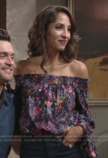 Lily’s floral off-shoulder bell sleeve blouse on The Young and the Restless