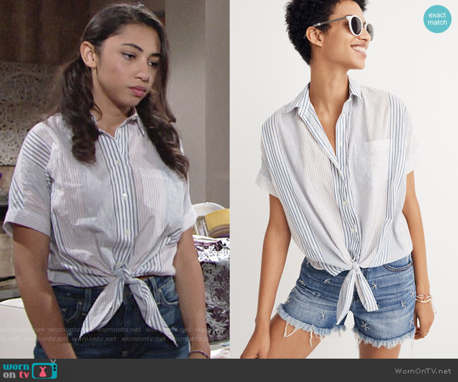 Madewell Short Sleeve Tie Front Shirt in Rawley Stripe worn by Shauna (Camryn Hamm) on The Young & the Restless