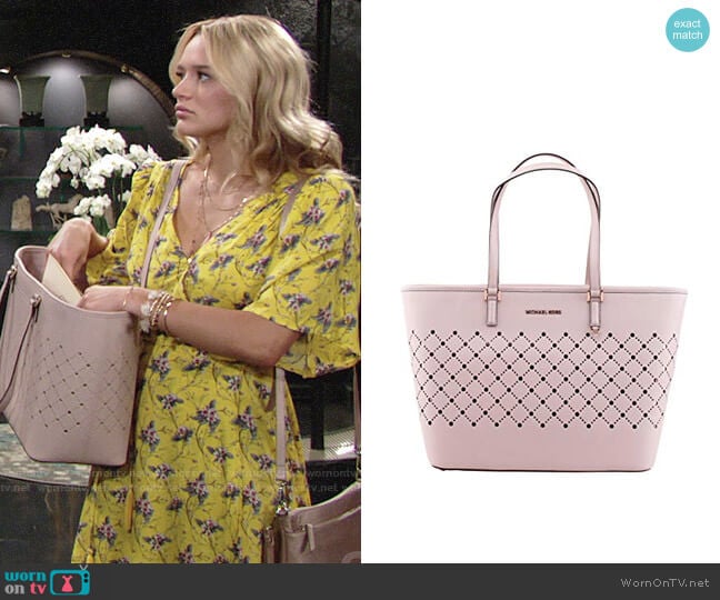 Michael Kors Violet Blossom Ballet Tote worn by Summer Newman (Hunter King) on The Young and the Restless