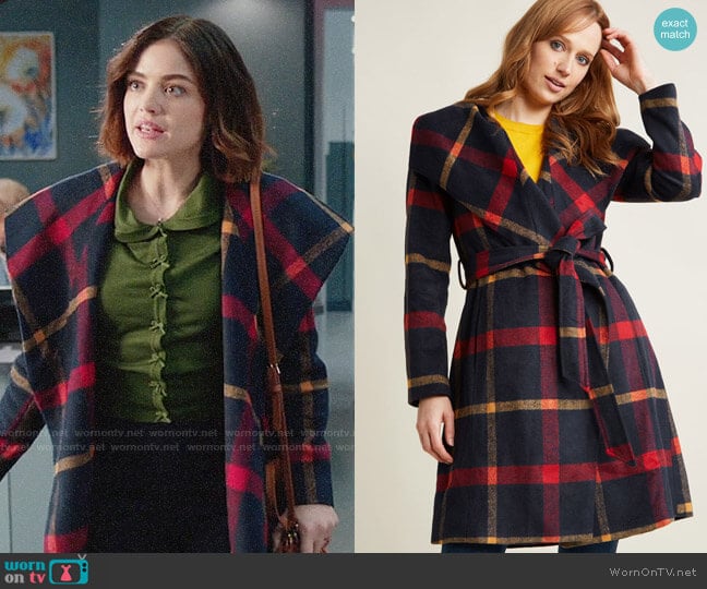 ModCloth Belted Plaid Coat with Wide Collar worn by Stella Abbott (Lucy Hale) on Life Sentence