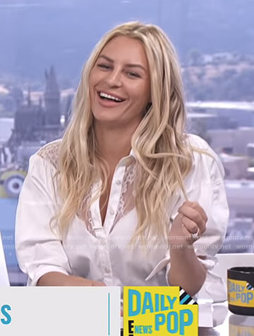 Morgan’s white lace inset shirt on E! News Daily Pop