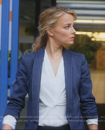 Lizzie’s navy pinstripe blazer on Instinct