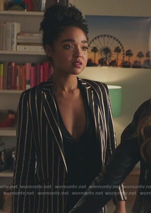 Kat's striped blazer and metallic bodysuit on The Bold Type