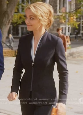 Lizzie's navy zip front blazer on Instinct