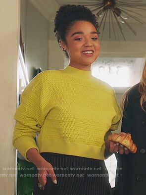 Kat’s yellow cropped sweater and pinstripe pants on The Bold Type