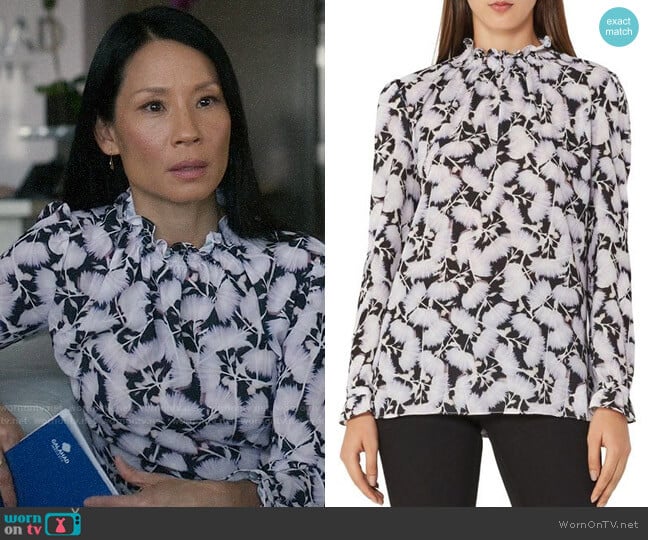 Reiss Botanical-Print Back-Button Top worn by Joan Watson (Lucy Liu) on Elementary