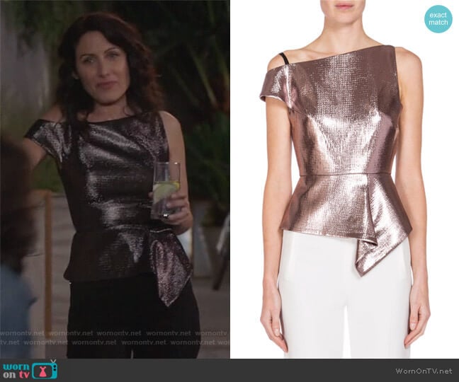 Asymmetric One-Shoulder Peplum Top by Roland Mouret worn by Abby McCarthy (Lisa Edelstein) on Girlfriends Guide to Divorce