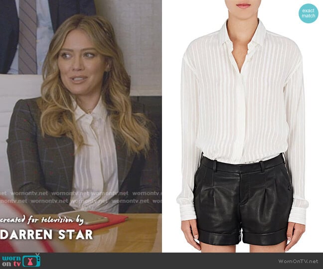 Striped Silk-Blend Georgette Blouse by Saint Laurent worn by Kelsey Peters (Hilary Duff) on Younger