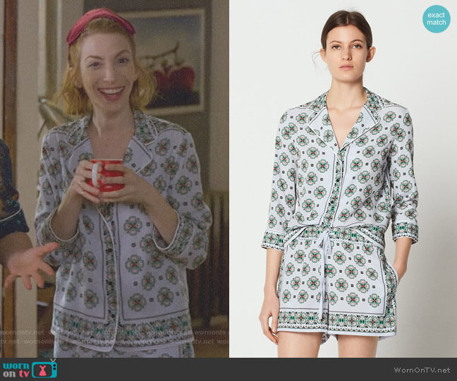 Bleu Ciel Print Shirt and Drawstring Print Shorts by Sandro worn by Lauren (Molly Bernard) on Younger