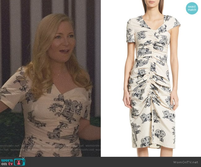 Josephine Floral Print Ruched Dress by Sea worn by Pauline (Jennifer Westfeldt) on Younger