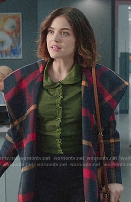 Stella's checked coat and green bow button cardigan on Life Sentence