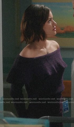 Stella's purple off-shoulder sweater on Life Sentence