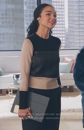 Kat’s tan colorblock sweater on The Bold Type