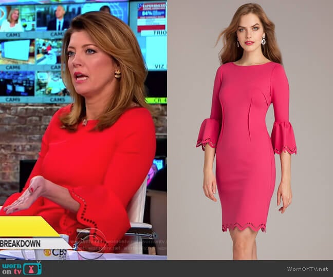 Laser-Cut Sheath Dress by Teri Jon worn by Norah O'Donnell on CBS Mornings