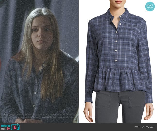 The Ruffle Long-Sleeve Plaid Oxford Shirt by The Great worn by Daphne Conrad (Maisy Stella) on Nashville