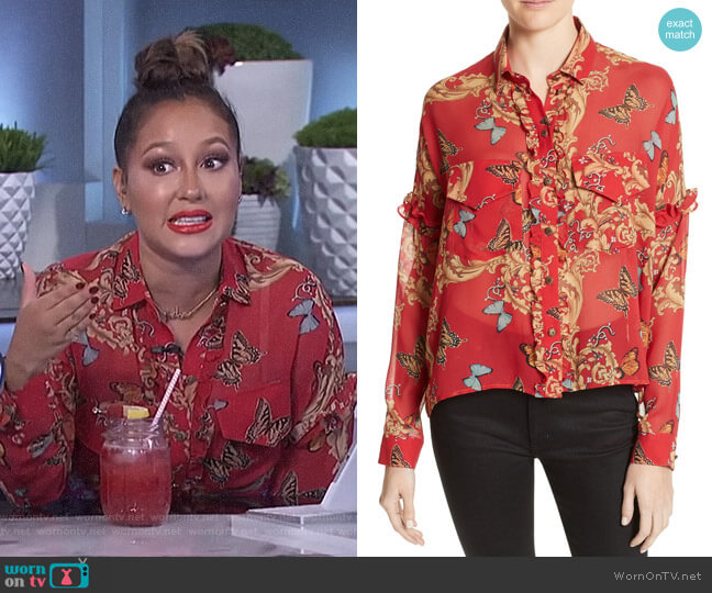 Print Ruffled Silk Shirt by The Kooples worn by Adrienne Houghton  on The Real