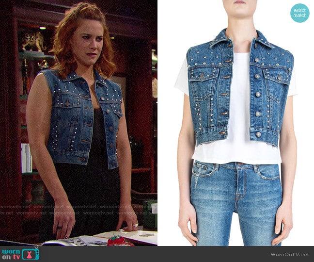 The Kooples Cropped Studded Denim Vest worn by Sally Spectra (Courtney Hope) on The Bold and the Beautiful