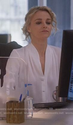 Lizzie's white bar button silk blouse on Instinct