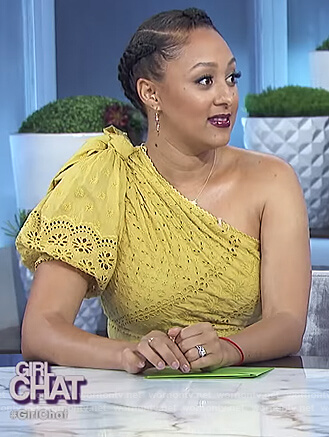 Tamera’s yellow one shoulder eyelet dress on The Real
